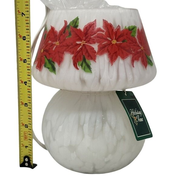 Christmas Red Poinsettia White Speckled Art Glass Mushroom Table Lamp 7 Inch - Picture 7 of 8
